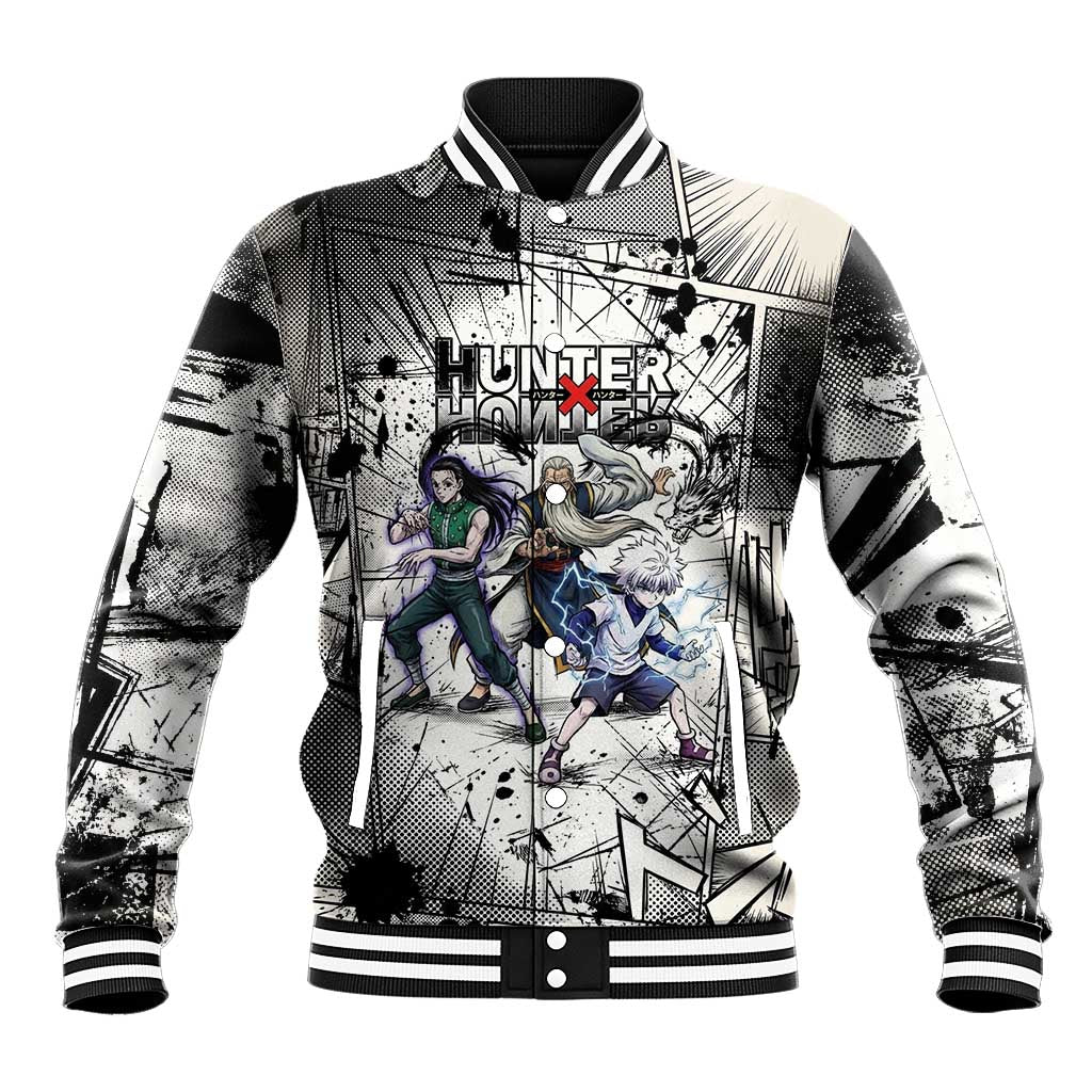 Killua Silva Illumi Team Design Baseball Jacket with Monochrome Graffiti Background and Hunter Association Symbols - The Mazicc
