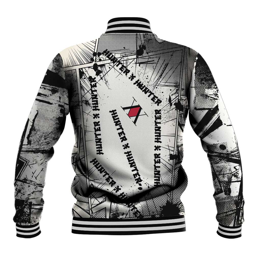 Killua Silva Illumi Team Design Baseball Jacket with Monochrome Graffiti Background and Hunter Association Symbols - The Mazicc