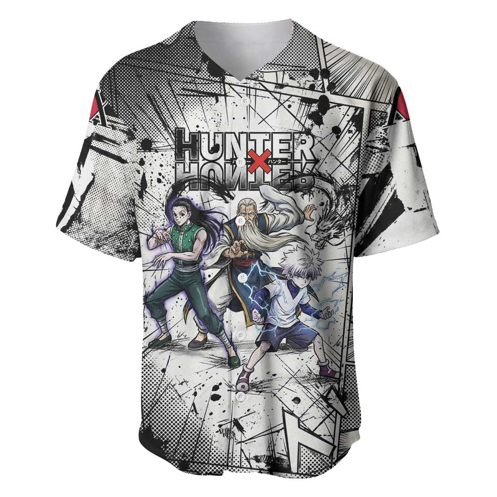Killua Silva Illumi Team Design Baseball Jersey with Monochrome Graffiti Background and Hunter Association Symbols - The Mazicc