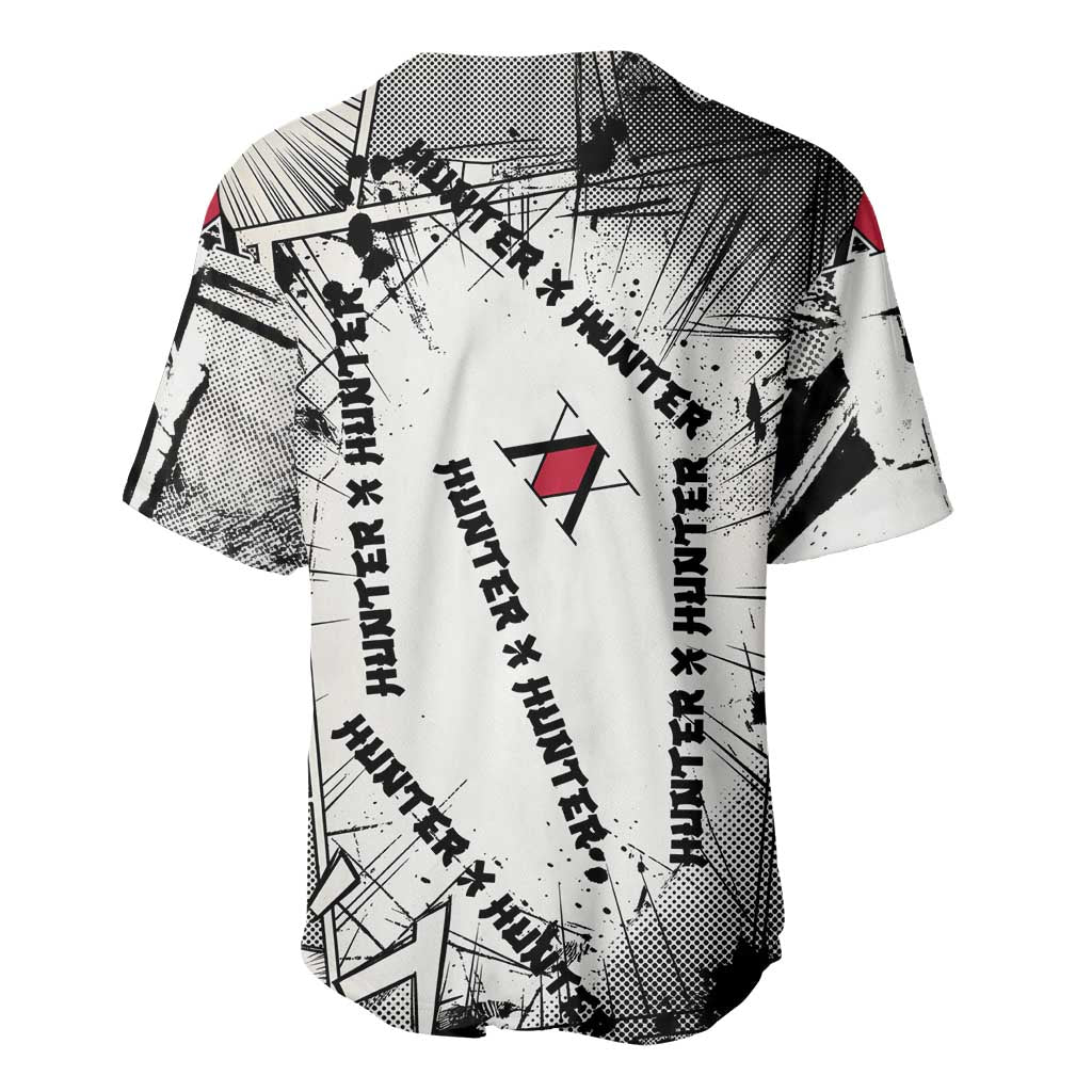 Killua Silva Illumi Team Design Baseball Jersey with Monochrome Graffiti Background and Hunter Association Symbols - The Mazicc