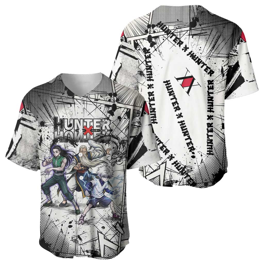 Killua Silva Illumi Team Design Baseball Jersey with Monochrome Graffiti Background and Hunter Association Symbols - The Mazicc