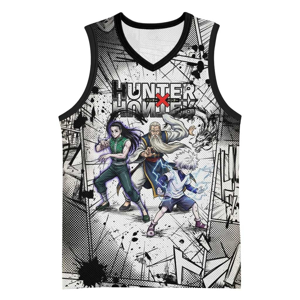 Killua Silva Illumi Team Design Basketball Jersey with Monochrome Graffiti Background and Hunter Association Symbols - The Mazicc