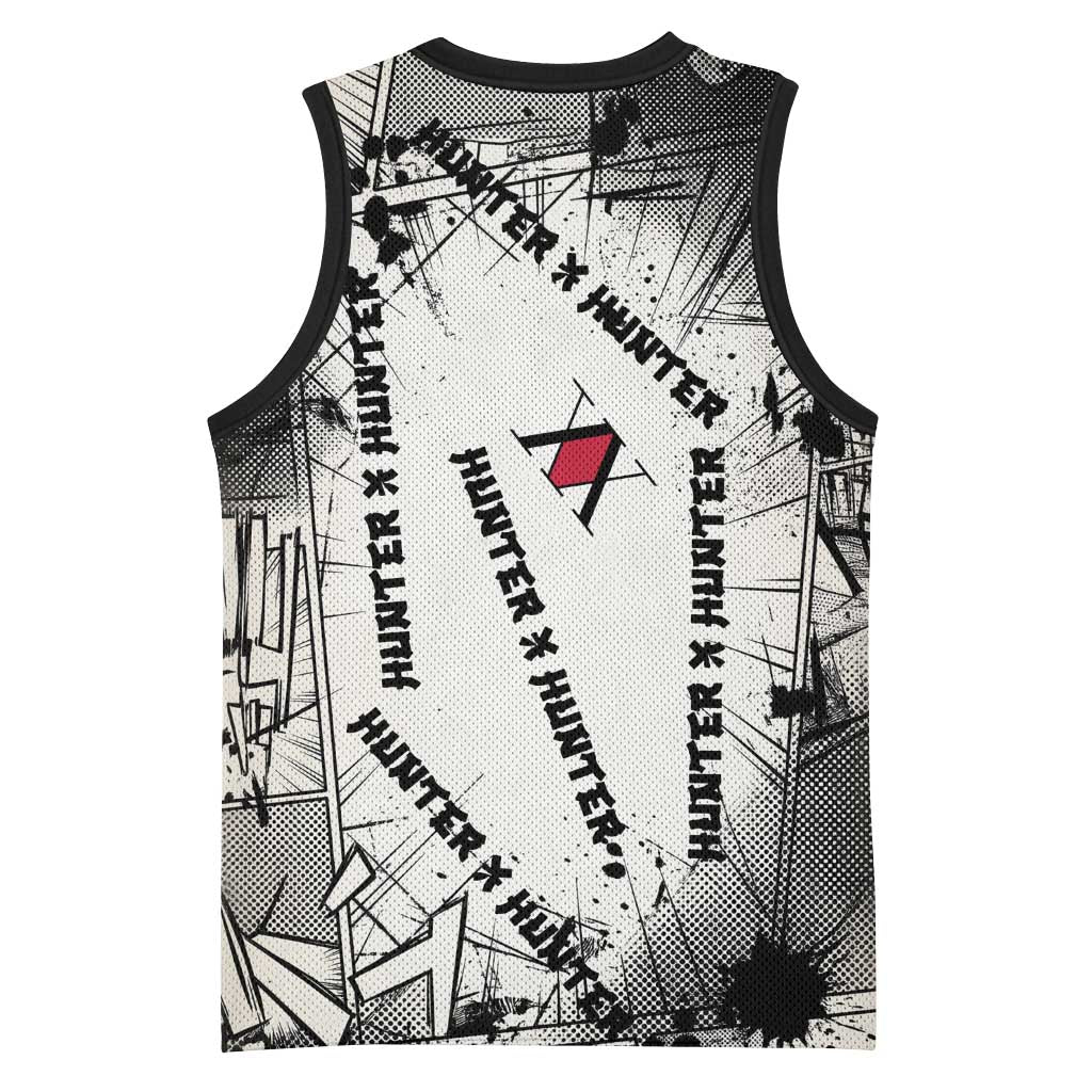 Killua Silva Illumi Team Design Basketball Jersey with Monochrome Graffiti Background and Hunter Association Symbols - The Mazicc