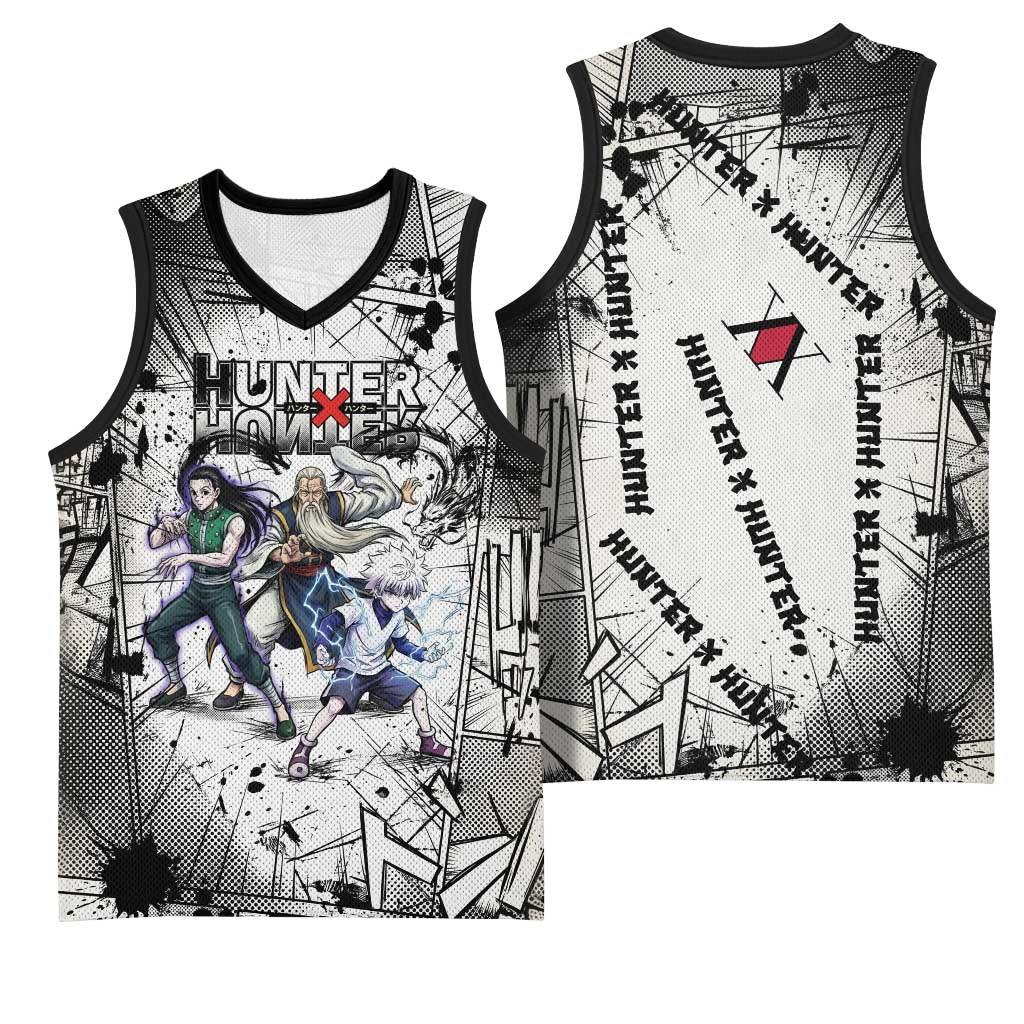 Killua Silva Illumi Team Design Basketball Jersey with Monochrome Graffiti Background and Hunter Association Symbols - The Mazicc