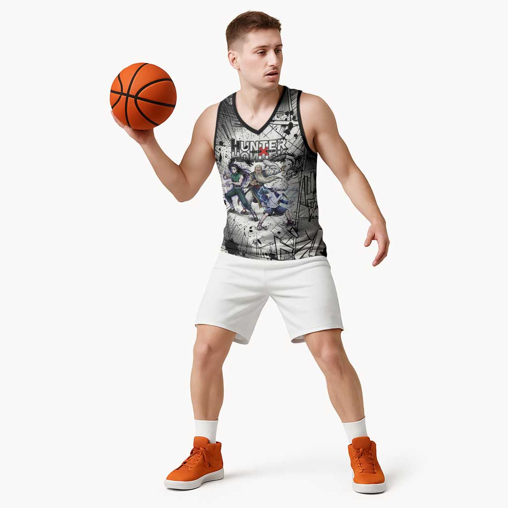 Killua Silva Illumi Team Design Basketball Jersey with Monochrome Graffiti Background and Hunter Association Symbols - The Mazicc