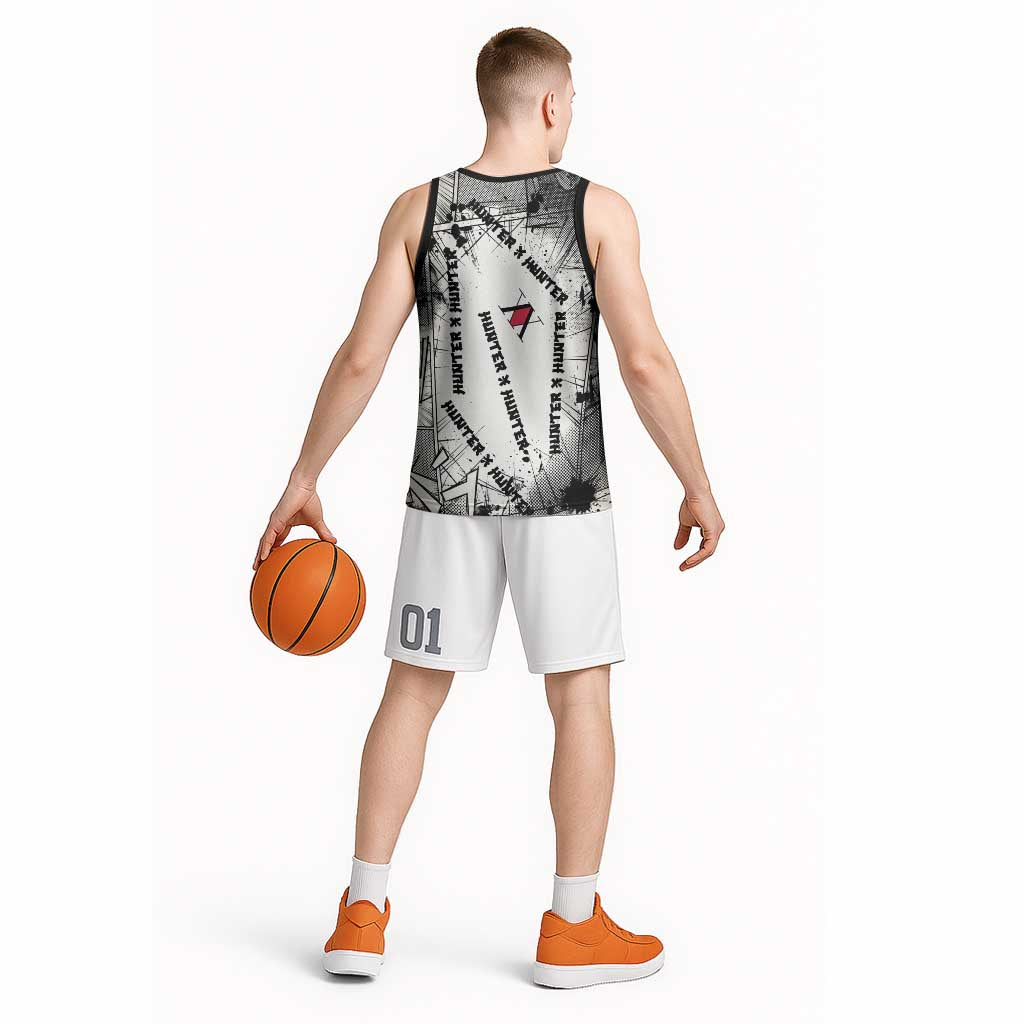 Killua Silva Illumi Team Design Basketball Jersey with Monochrome Graffiti Background and Hunter Association Symbols - The Mazicc