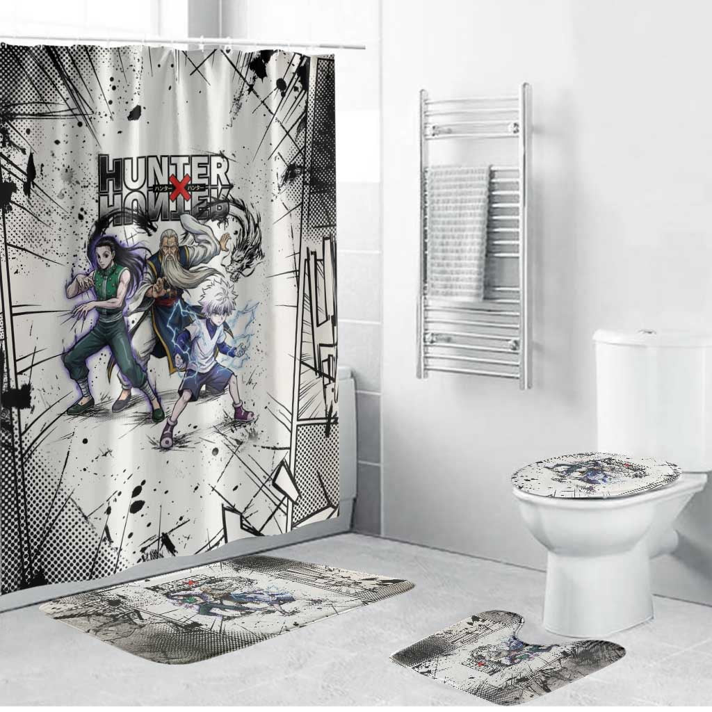 Killua Silva Illumi Team Design Bathroom Set with Monochrome Graffiti Background and Hunter Association Symbols - The Mazicc