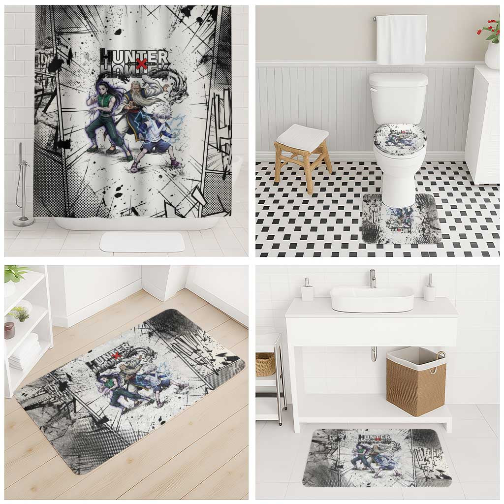 Killua Silva Illumi Team Design Bathroom Set with Monochrome Graffiti Background and Hunter Association Symbols - The Mazicc