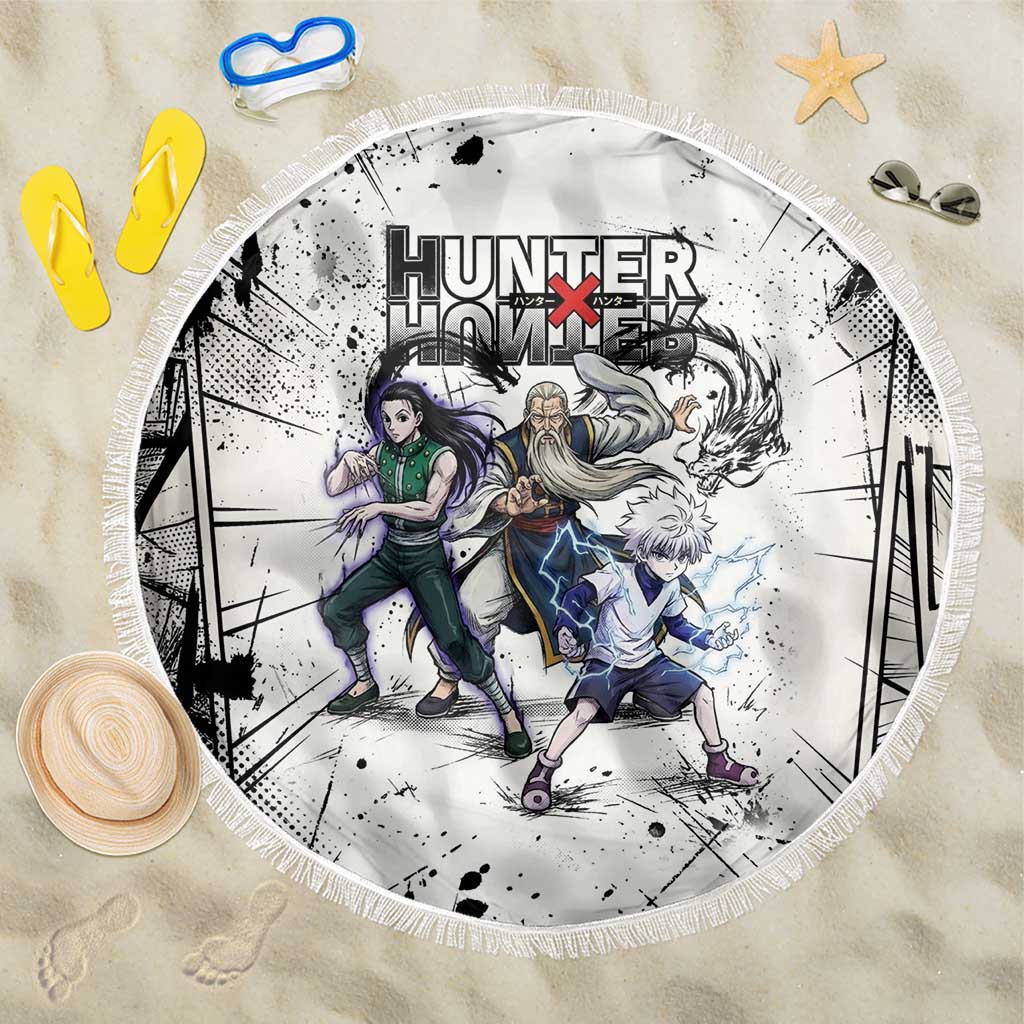 Killua Silva Illumi Team Design Beach Blanket with Monochrome Graffiti Background and Hunter Association Symbols - The Mazicc