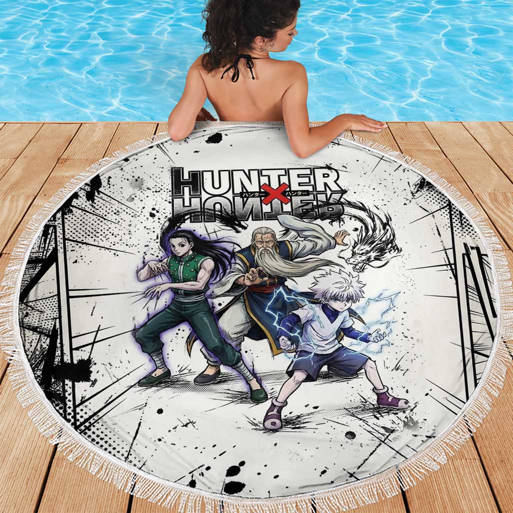 Killua Silva Illumi Team Design Beach Blanket with Monochrome Graffiti Background and Hunter Association Symbols - The Mazicc