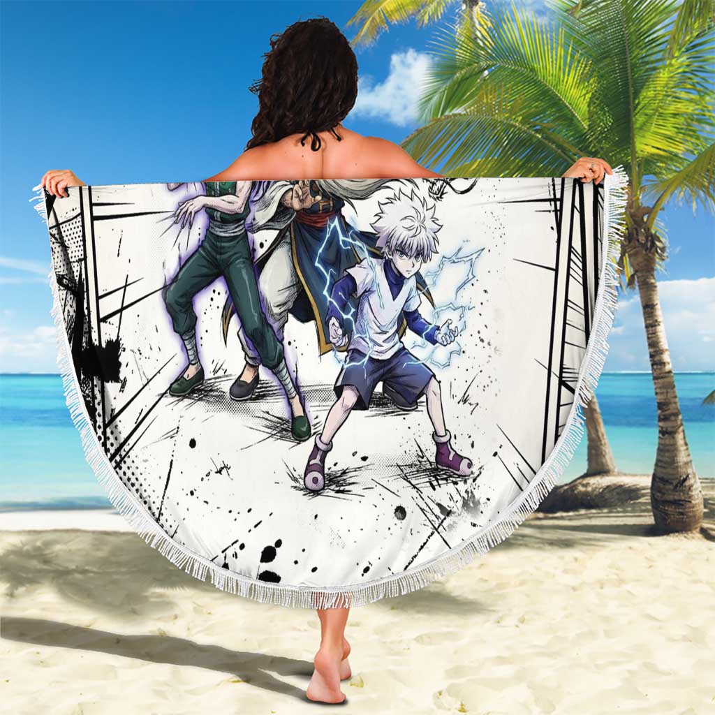 Killua Silva Illumi Team Design Beach Blanket with Monochrome Graffiti Background and Hunter Association Symbols - The Mazicc