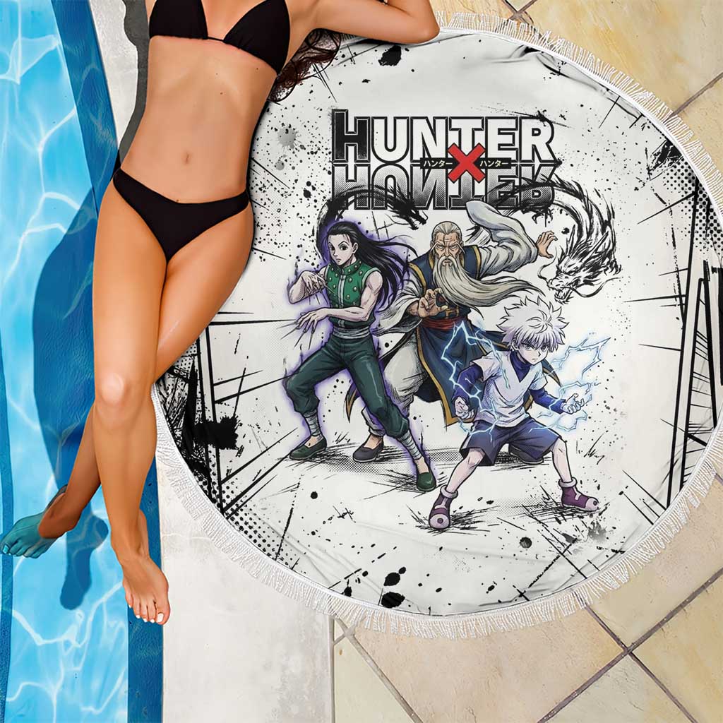 Killua Silva Illumi Team Design Beach Blanket with Monochrome Graffiti Background and Hunter Association Symbols - The Mazicc