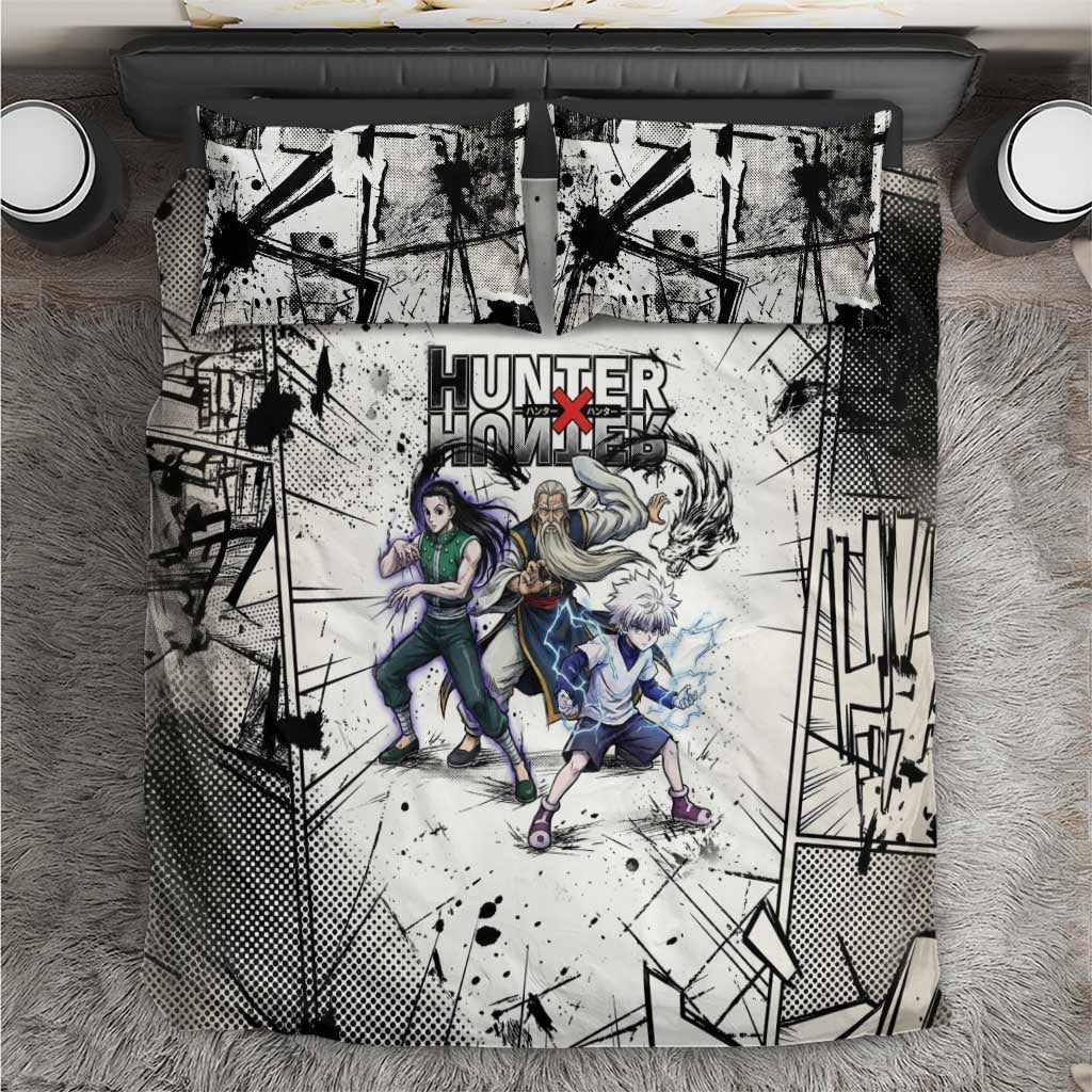 Killua Silva Illumi Team Design Bedding Set with Monochrome Graffiti Background and Hunter Association Symbols - The Mazicc