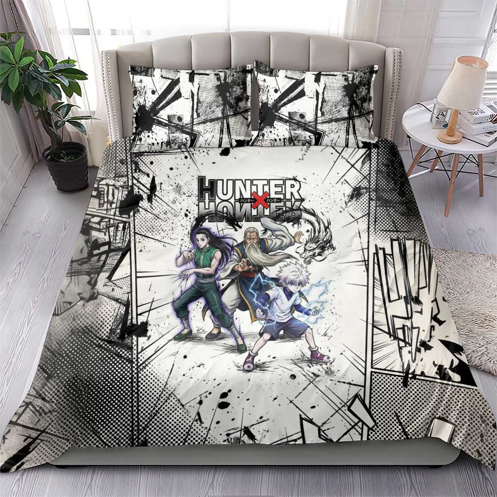 Killua Silva Illumi Team Design Bedding Set with Monochrome Graffiti Background and Hunter Association Symbols - The Mazicc