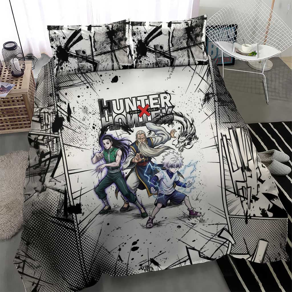 Killua Silva Illumi Team Design Bedding Set with Monochrome Graffiti Background and Hunter Association Symbols - The Mazicc