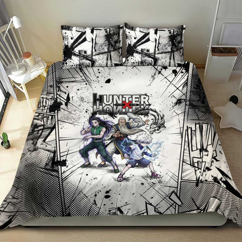 Killua Silva Illumi Team Design Bedding Set with Monochrome Graffiti Background and Hunter Association Symbols - The Mazicc