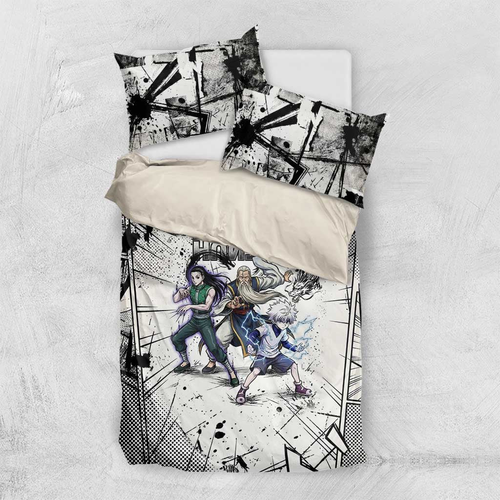 Killua Silva Illumi Team Design Bedding Set with Monochrome Graffiti Background and Hunter Association Symbols - The Mazicc