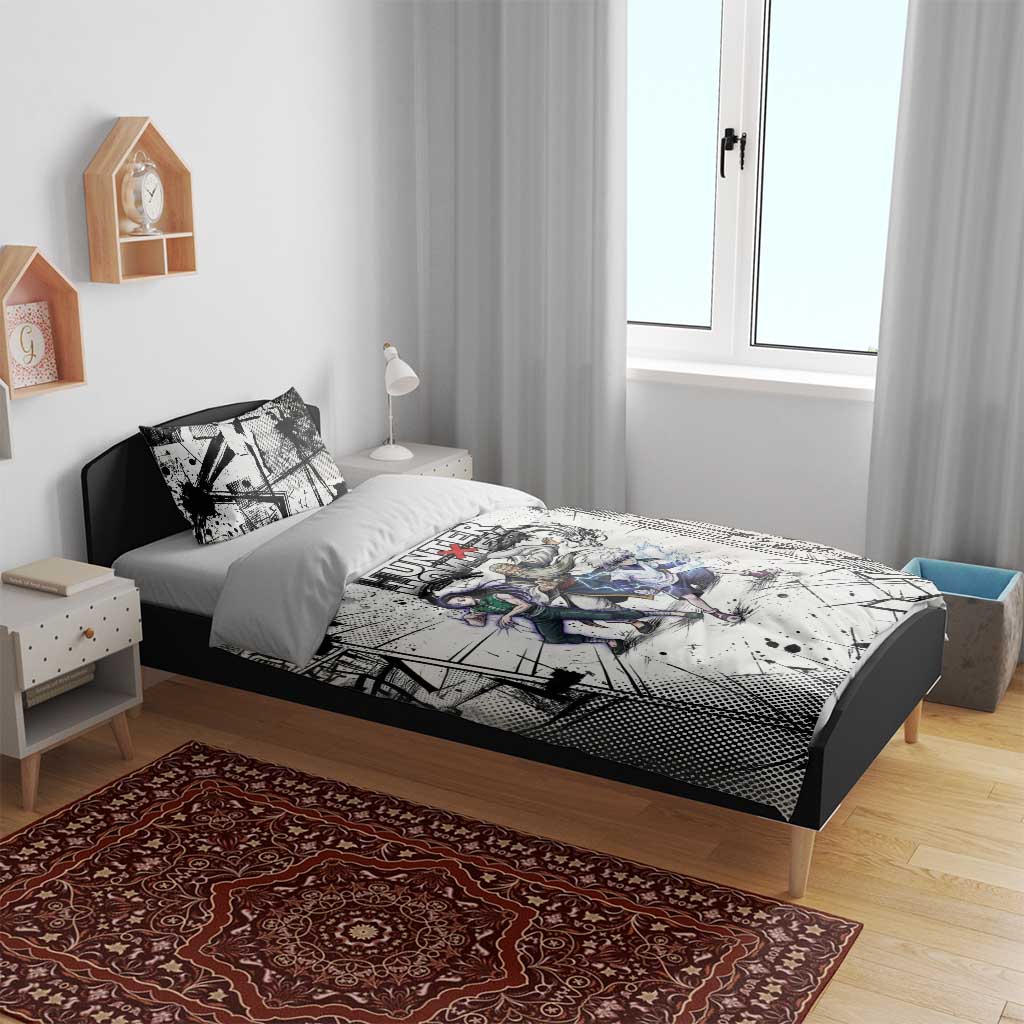 Killua Silva Illumi Team Design Bedding Set with Monochrome Graffiti Background and Hunter Association Symbols - The Mazicc