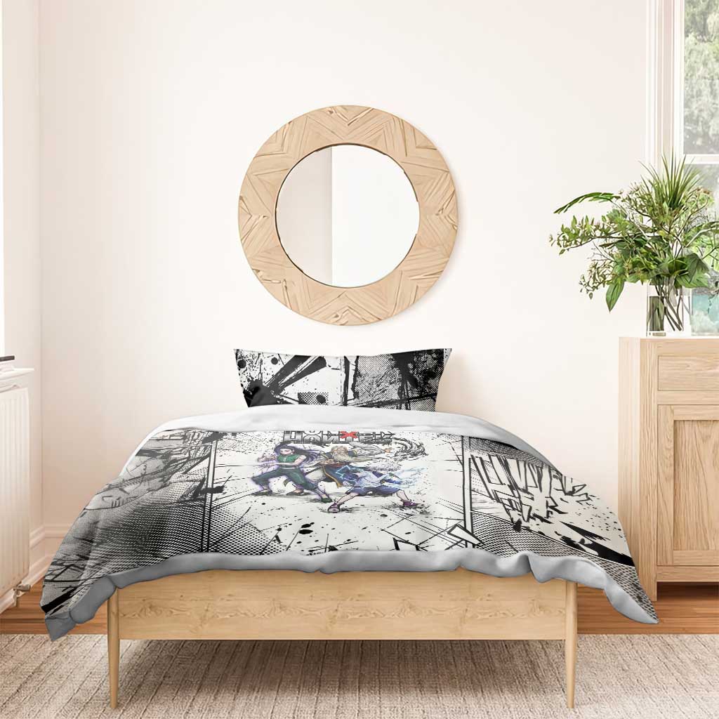 Killua Silva Illumi Team Design Bedding Set with Monochrome Graffiti Background and Hunter Association Symbols - The Mazicc