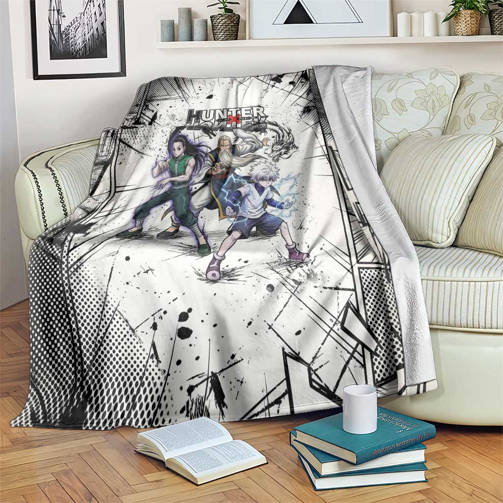 Killua Silva Illumi Team Design Blanket with Monochrome Graffiti Background and Hunter Association Symbols - The Mazicc