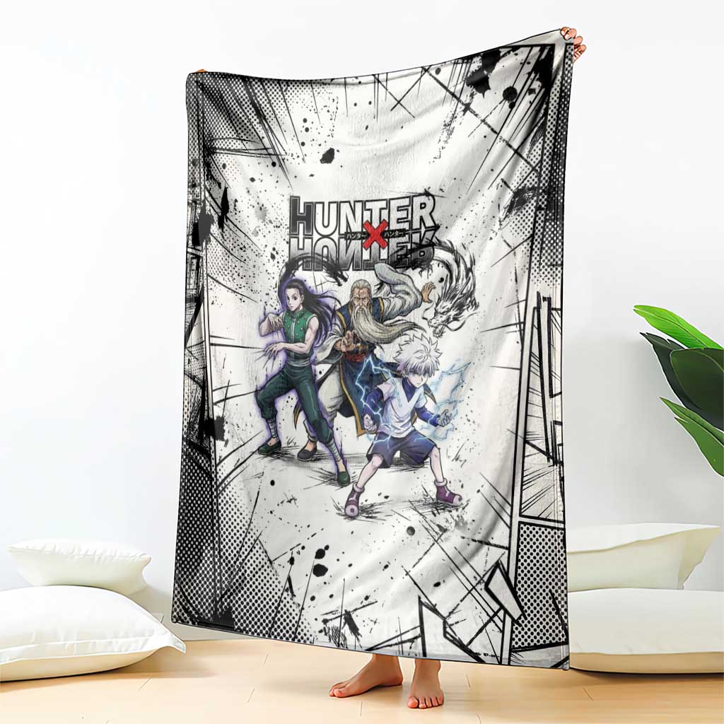Killua Silva Illumi Team Design Blanket with Monochrome Graffiti Background and Hunter Association Symbols - The Mazicc