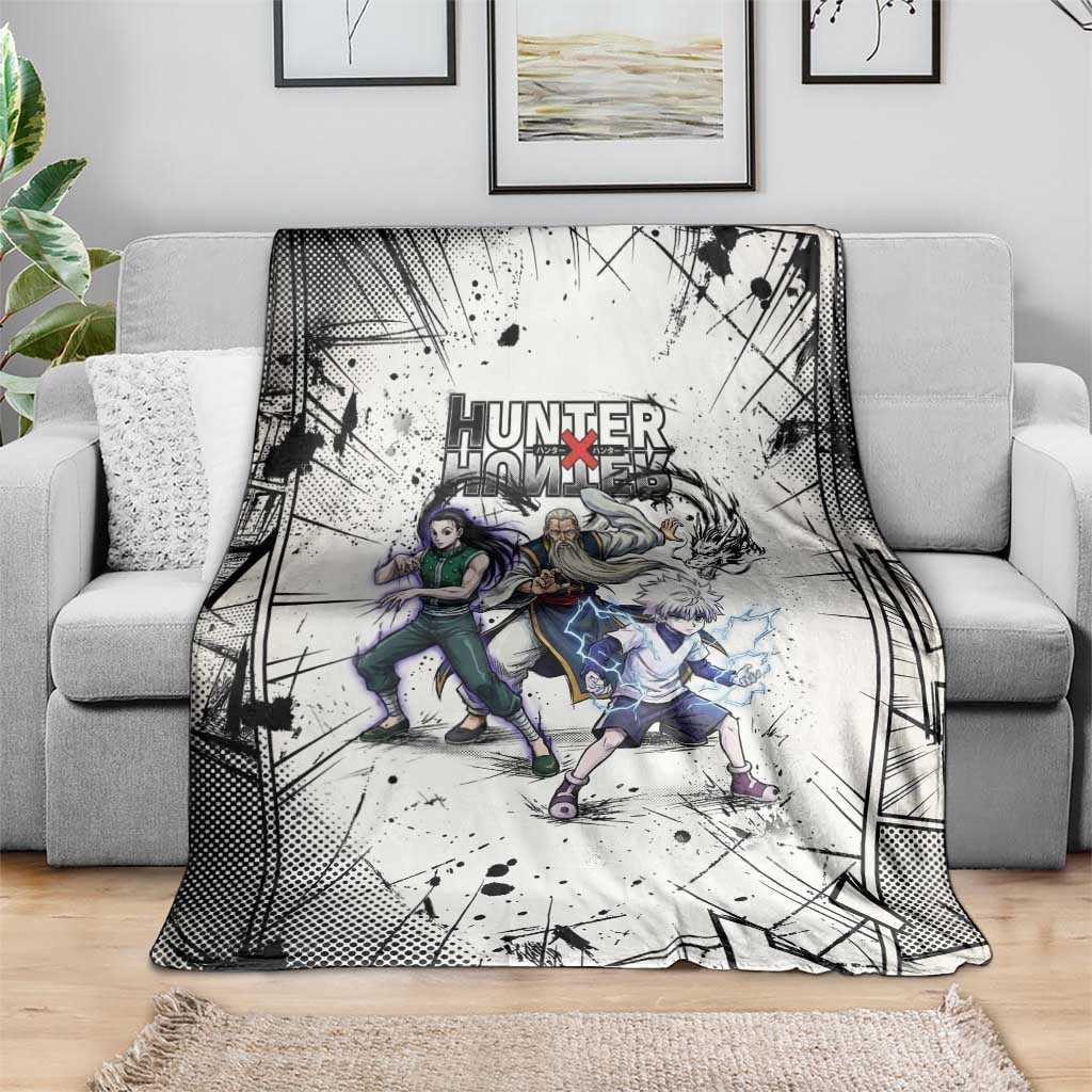Killua Silva Illumi Team Design Blanket with Monochrome Graffiti Background and Hunter Association Symbols - The Mazicc