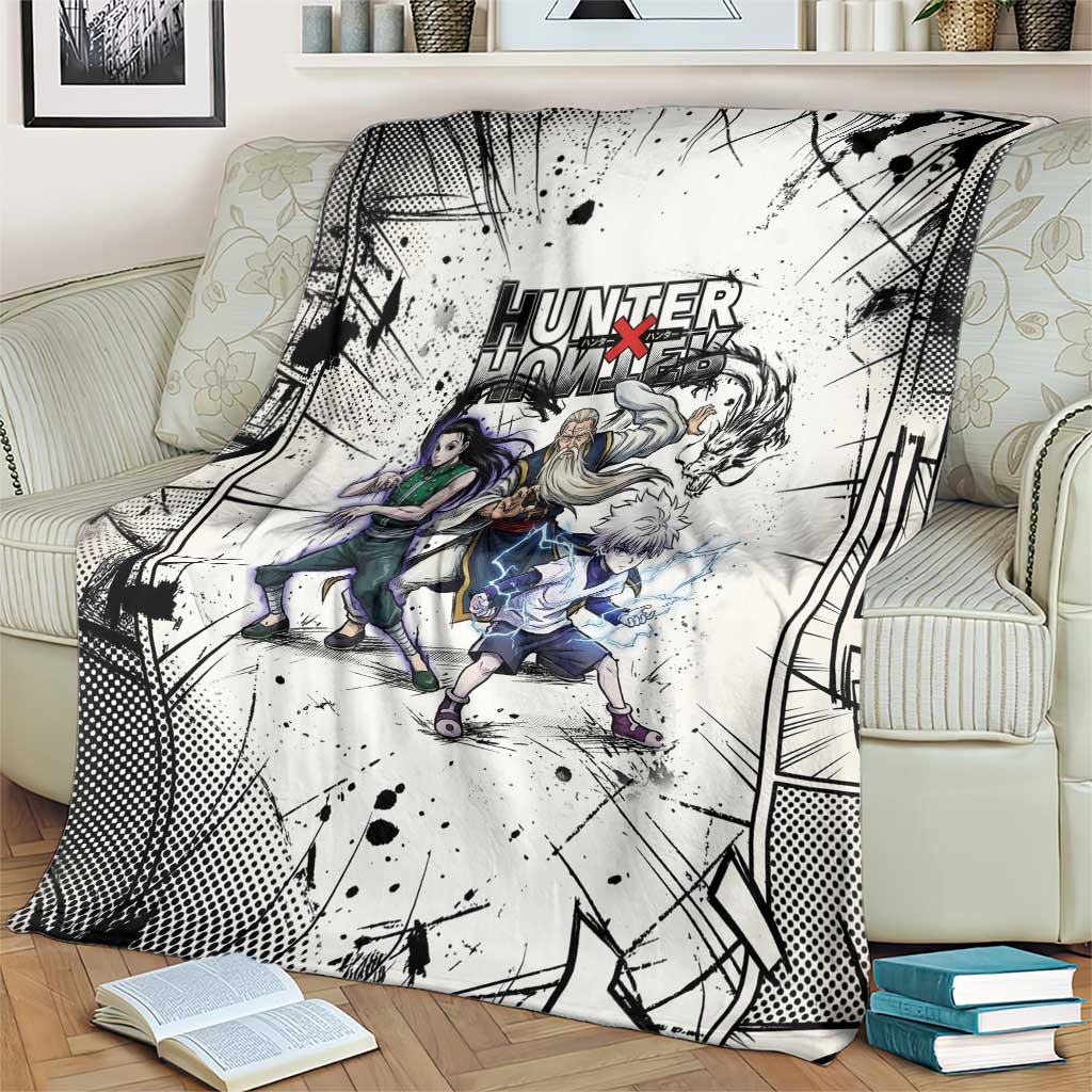 Killua Silva Illumi Team Design Blanket with Monochrome Graffiti Background and Hunter Association Symbols - The Mazicc