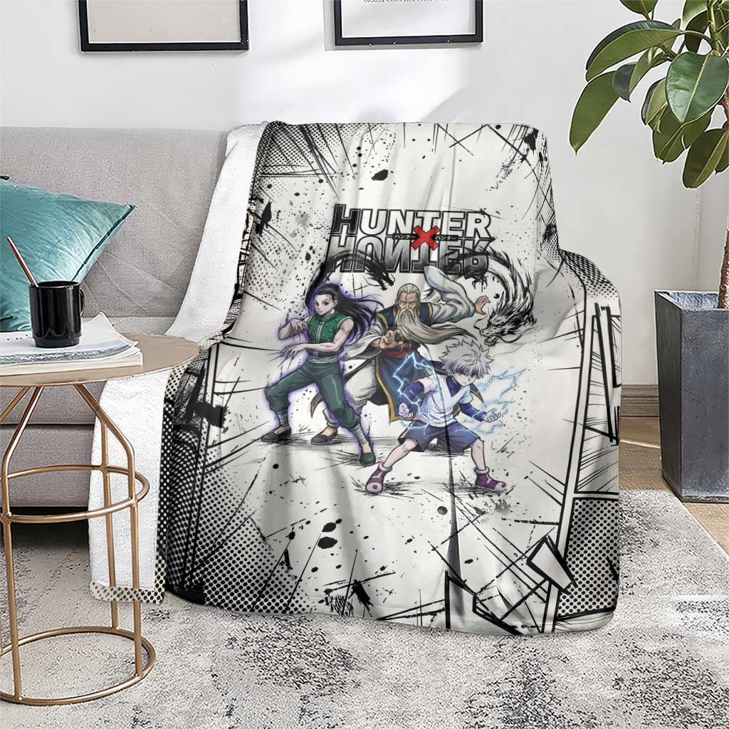 Killua Silva Illumi Team Design Blanket with Monochrome Graffiti Background and Hunter Association Symbols - The Mazicc
