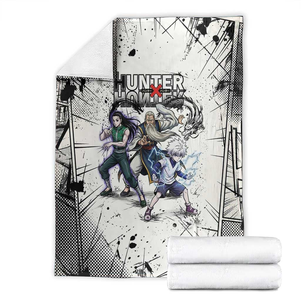 Killua Silva Illumi Team Design Blanket with Monochrome Graffiti Background and Hunter Association Symbols - The Mazicc