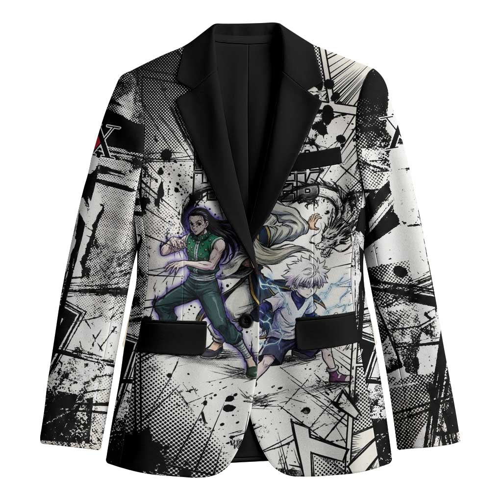 Killua Silva Illumi Team Design Blazer with Monochrome Graffiti Background and Hunter Association Symbols - The Mazicc