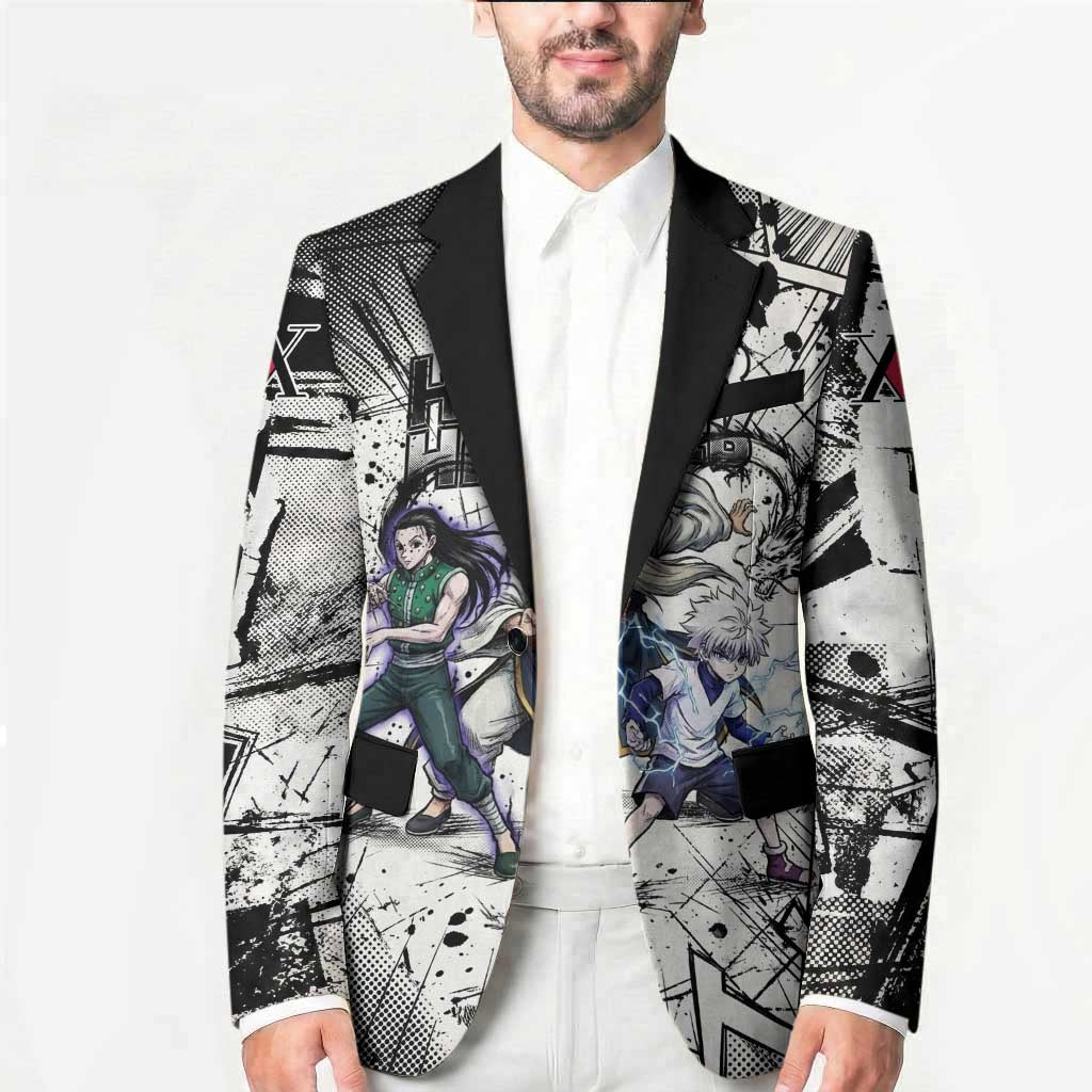 Killua Silva Illumi Team Design Blazer with Monochrome Graffiti Background and Hunter Association Symbols - The Mazicc