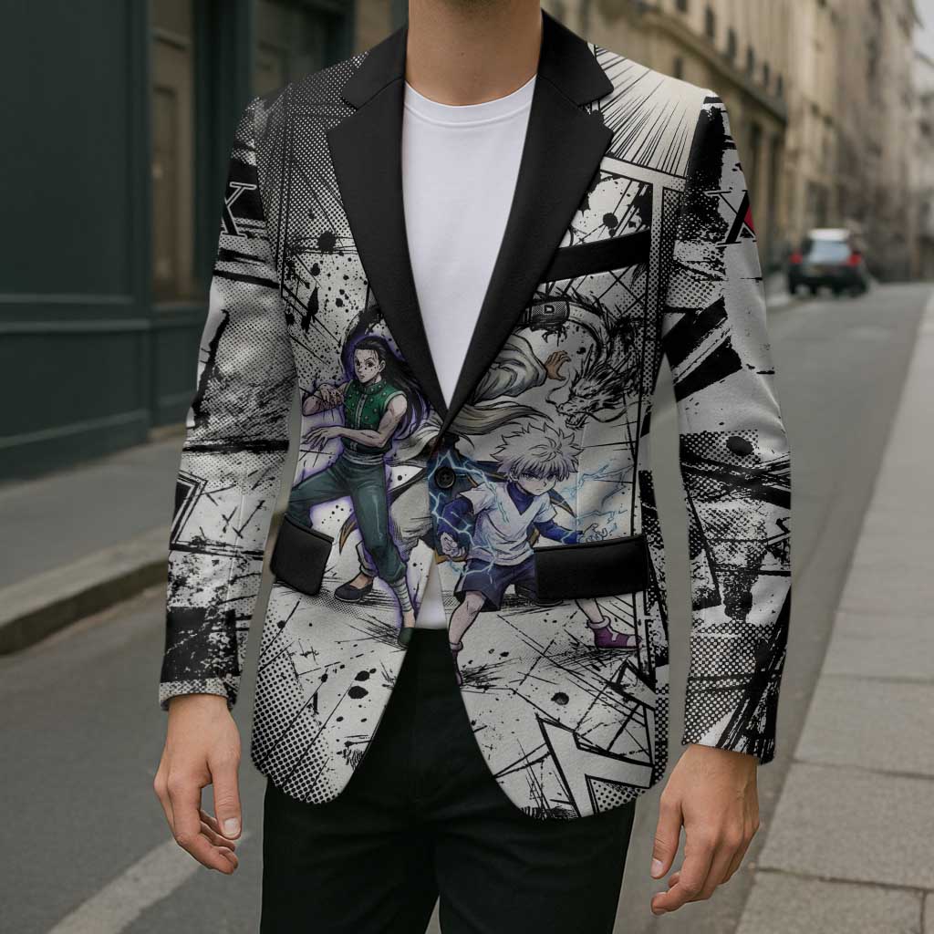Killua Silva Illumi Team Design Blazer with Monochrome Graffiti Background and Hunter Association Symbols - The Mazicc