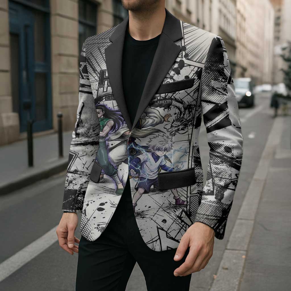 Killua Silva Illumi Team Design Blazer with Monochrome Graffiti Background and Hunter Association Symbols - The Mazicc
