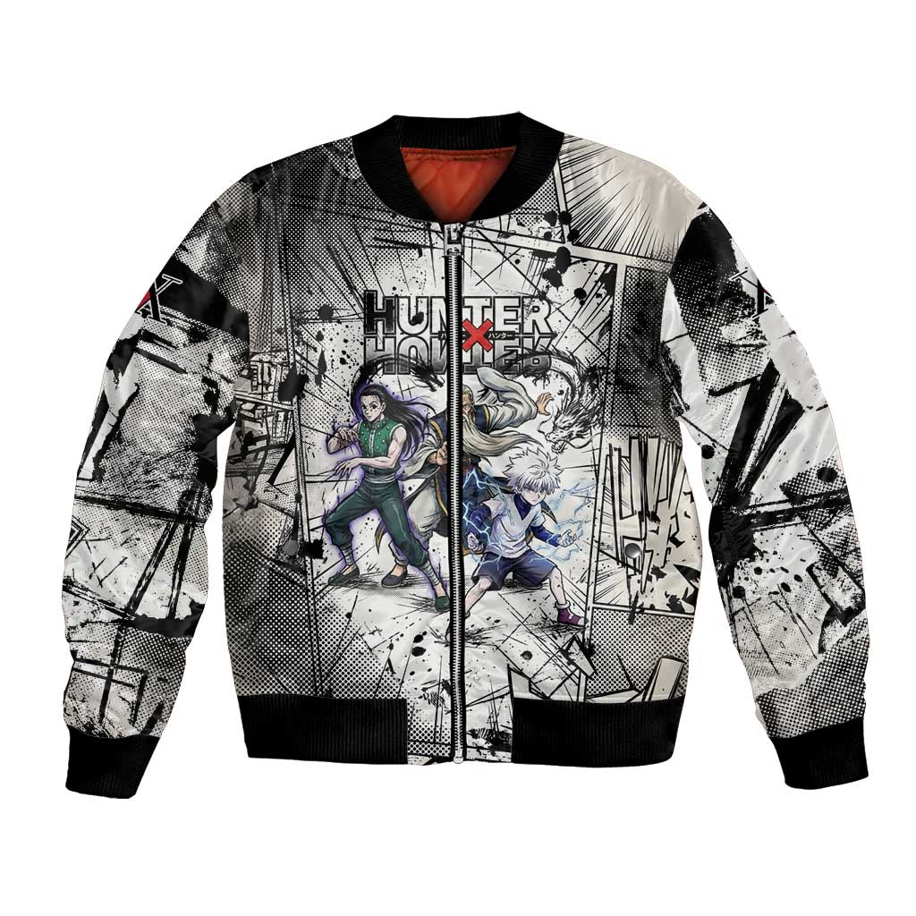Killua Silva Illumi Team Design Bomber Jacket with Monochrome Graffiti Background and Hunter Association Symbols - The Mazicc