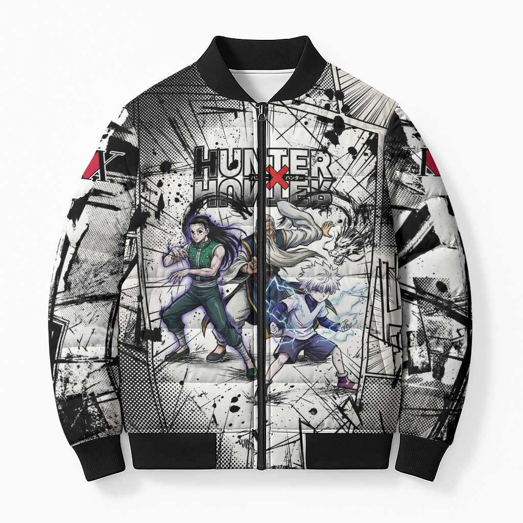 Killua Silva Illumi Team Design Bomber Puffer Jacket with Monochrome Graffiti Background and Hunter Association Symbols - The Mazicc