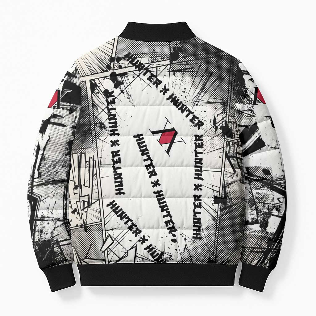 Killua Silva Illumi Team Design Bomber Puffer Jacket with Monochrome Graffiti Background and Hunter Association Symbols - The Mazicc
