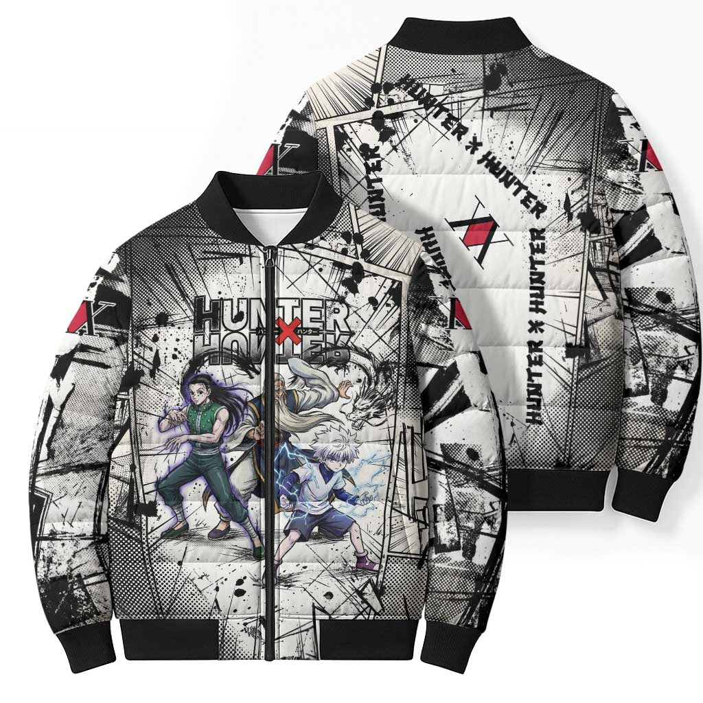 Killua Silva Illumi Team Design Bomber Puffer Jacket with Monochrome Graffiti Background and Hunter Association Symbols - The Mazicc