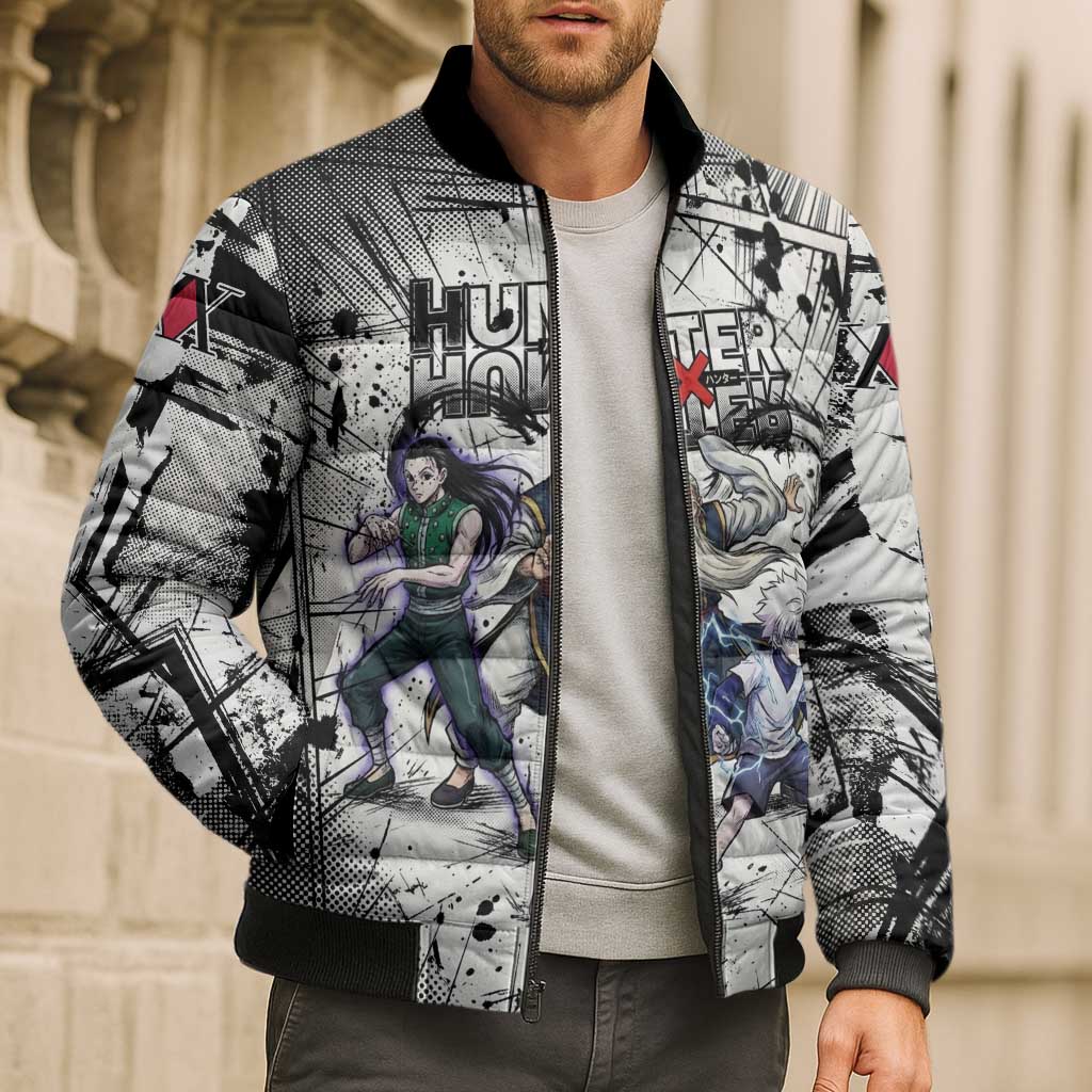 Killua Silva Illumi Team Design Bomber Puffer Jacket with Monochrome Graffiti Background and Hunter Association Symbols - The Mazicc