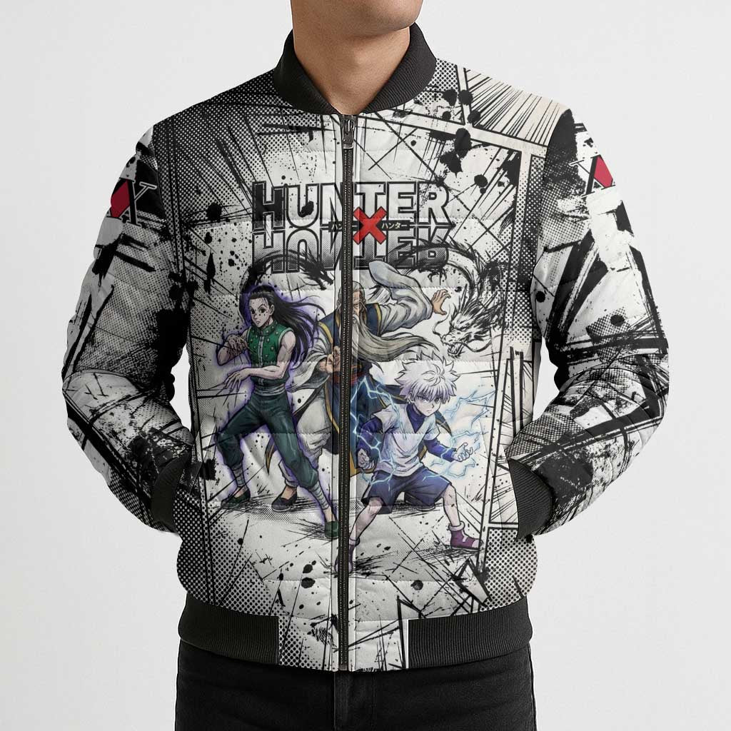 Killua Silva Illumi Team Design Bomber Puffer Jacket with Monochrome Graffiti Background and Hunter Association Symbols - The Mazicc