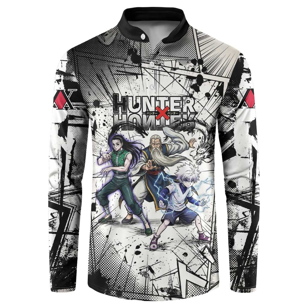 Killua Silva Illumi Team Design Button Sweatshirt with Monochrome Graffiti Background and Hunter Association Symbols - The Mazicc