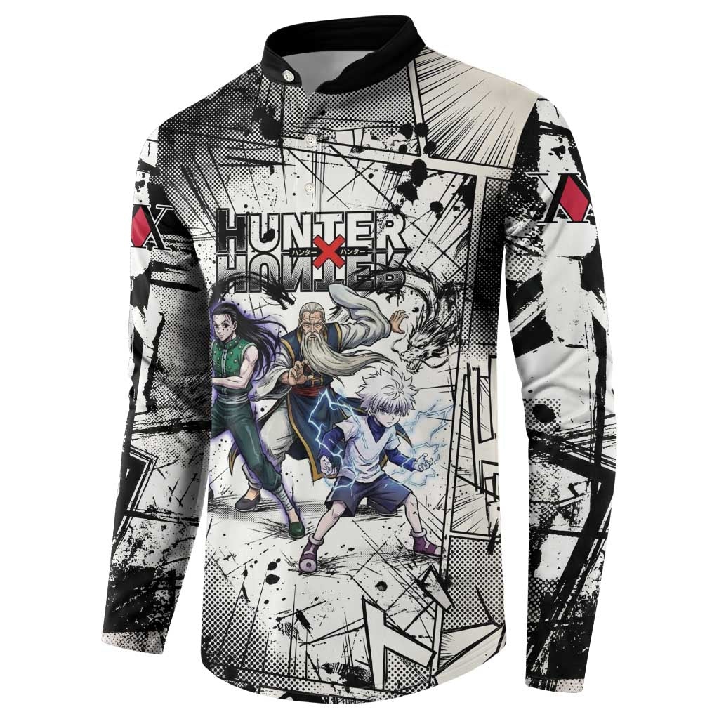 Killua Silva Illumi Team Design Button Sweatshirt with Monochrome Graffiti Background and Hunter Association Symbols - The Mazicc