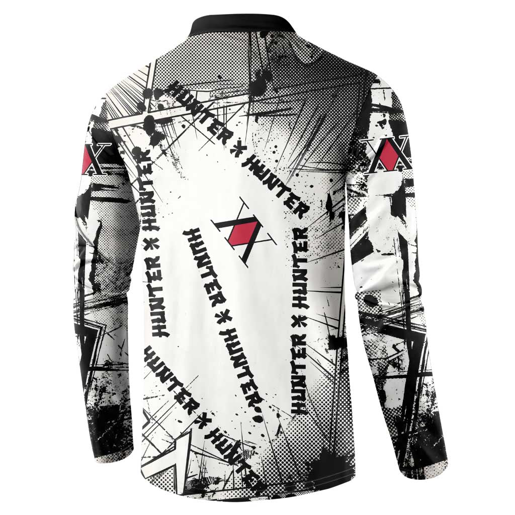Killua Silva Illumi Team Design Button Sweatshirt with Monochrome Graffiti Background and Hunter Association Symbols - The Mazicc