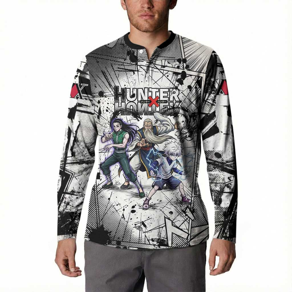 Killua Silva Illumi Team Design Button Sweatshirt with Monochrome Graffiti Background and Hunter Association Symbols - The Mazicc