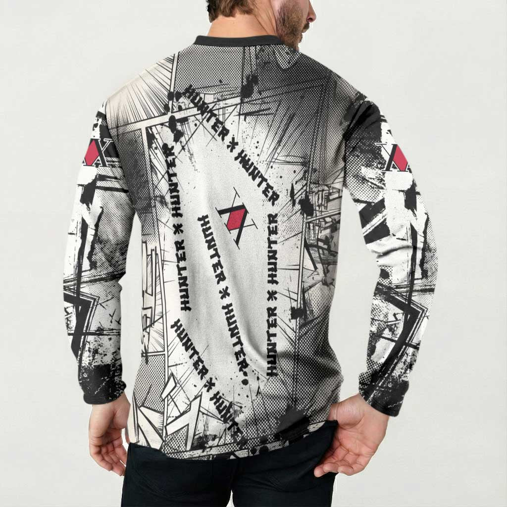 Killua Silva Illumi Team Design Button Sweatshirt with Monochrome Graffiti Background and Hunter Association Symbols - The Mazicc