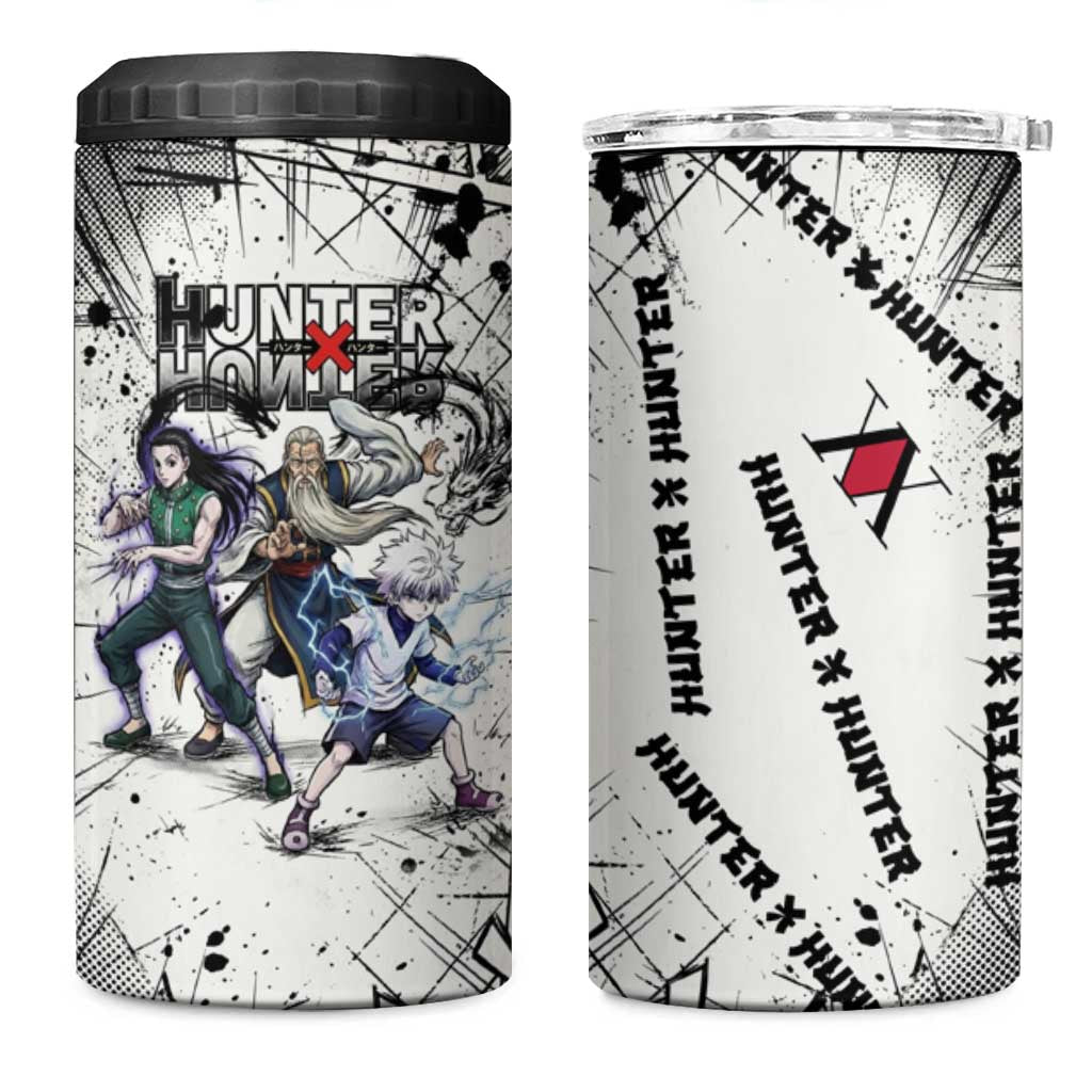 Killua Silva Illumi Team Design 4 in 1 Can Cooler Tumbler with Monochrome Graffiti Background and Hunter Association Symbols - The Mazicc
