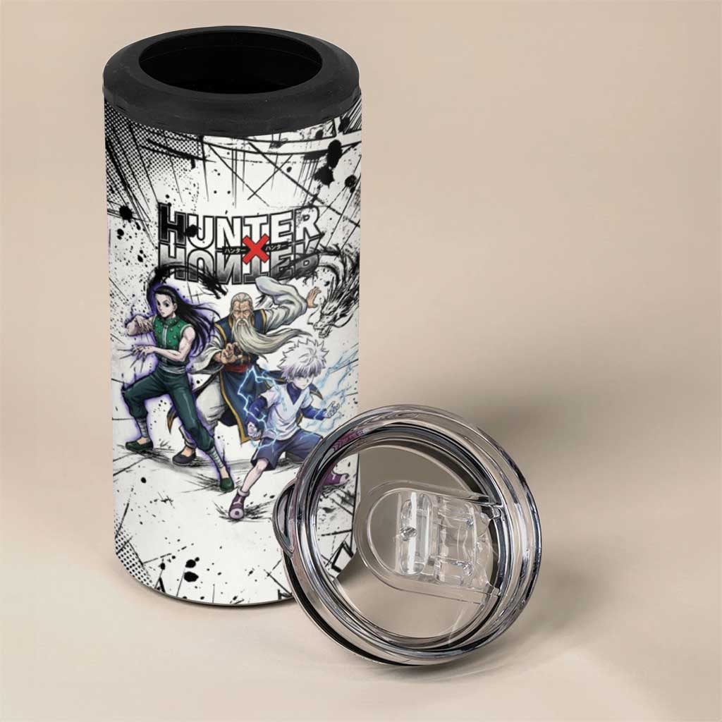 Killua Silva Illumi Team Design 4 in 1 Can Cooler Tumbler with Monochrome Graffiti Background and Hunter Association Symbols - The Mazicc
