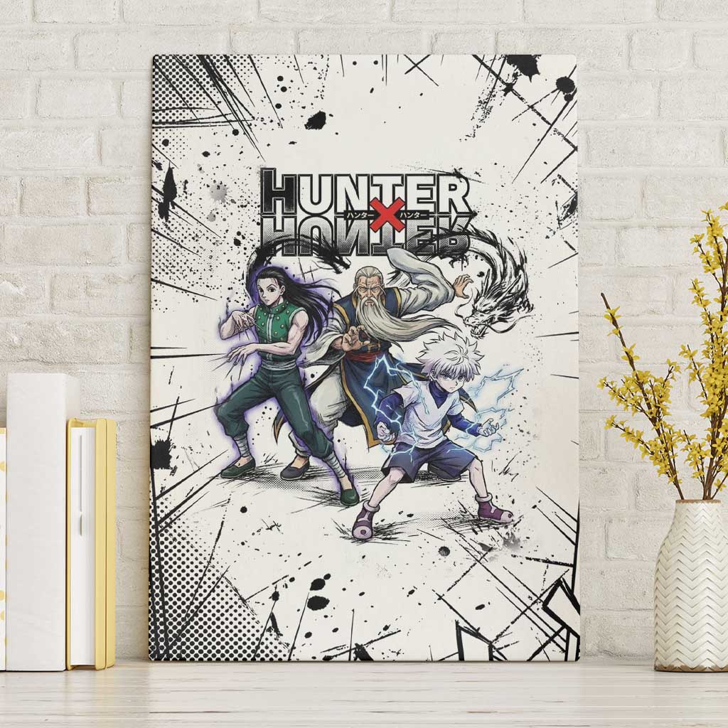 Killua Silva Illumi Team Design Canvas Wall Art with Monochrome Graffiti Background and Hunter Association Symbols - The Mazicc
