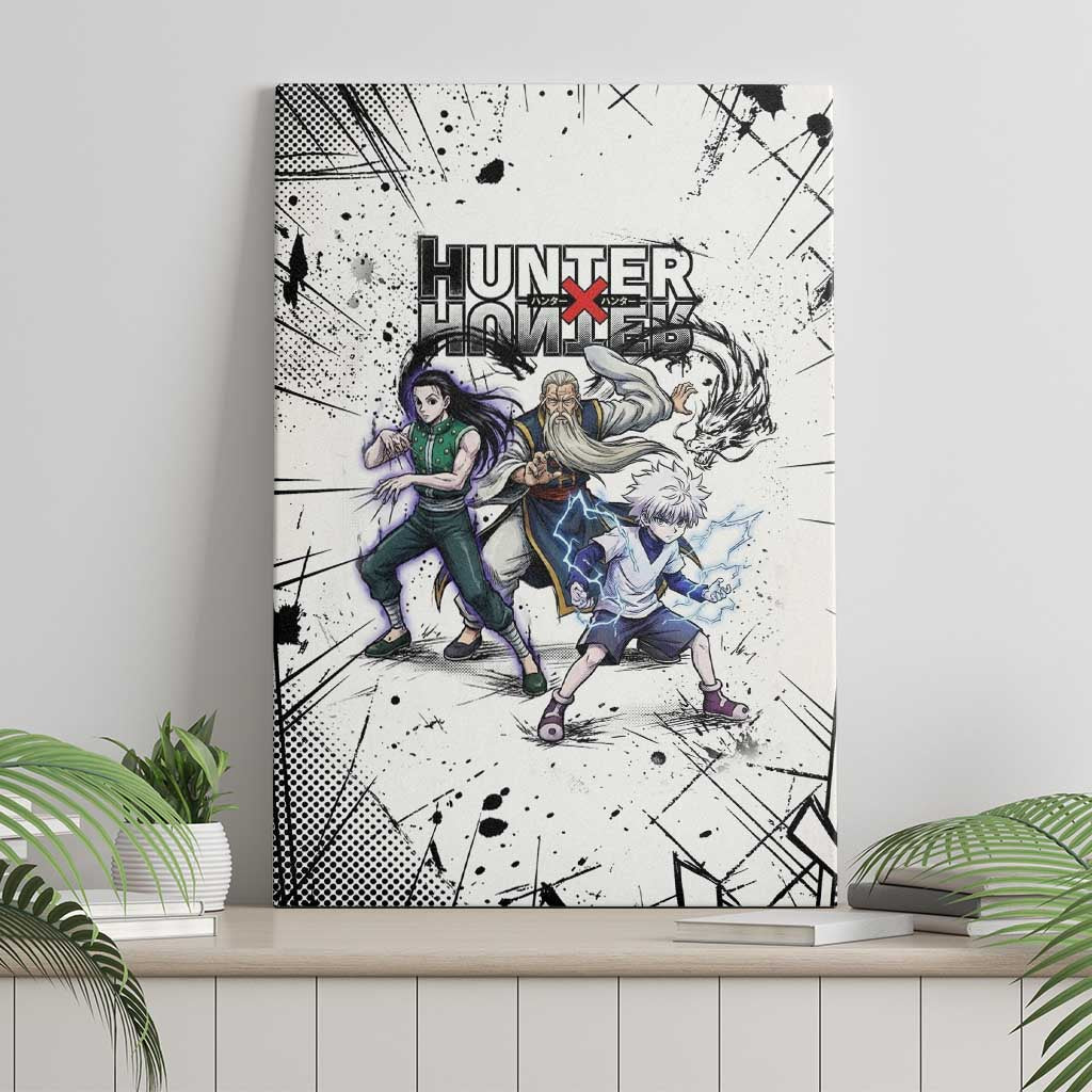 Killua Silva Illumi Team Design Canvas Wall Art with Monochrome Graffiti Background and Hunter Association Symbols - The Mazicc