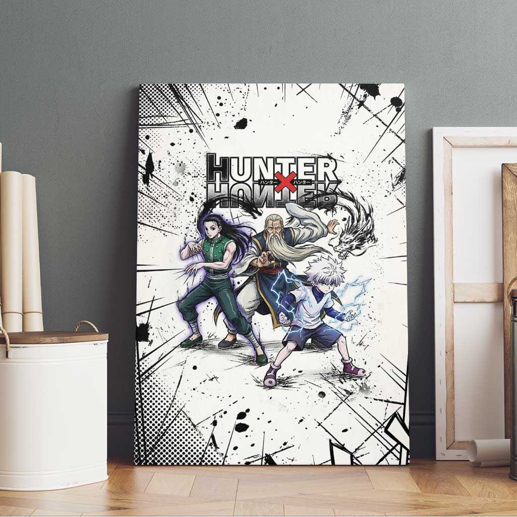 Killua Silva Illumi Team Design Canvas Wall Art with Monochrome Graffiti Background and Hunter Association Symbols - The Mazicc