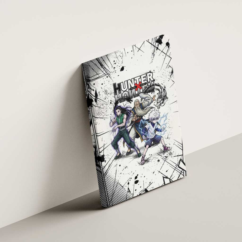 Killua Silva Illumi Team Design Canvas Wall Art with Monochrome Graffiti Background and Hunter Association Symbols - The Mazicc